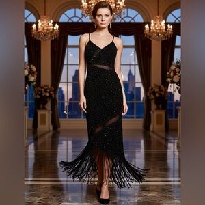 Elegant Black hand beaded Fringe Evening‎ Dress